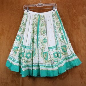MILLY Skirt Womens Petite P Green Midi Boho Pleated Peasant White Gold Lined